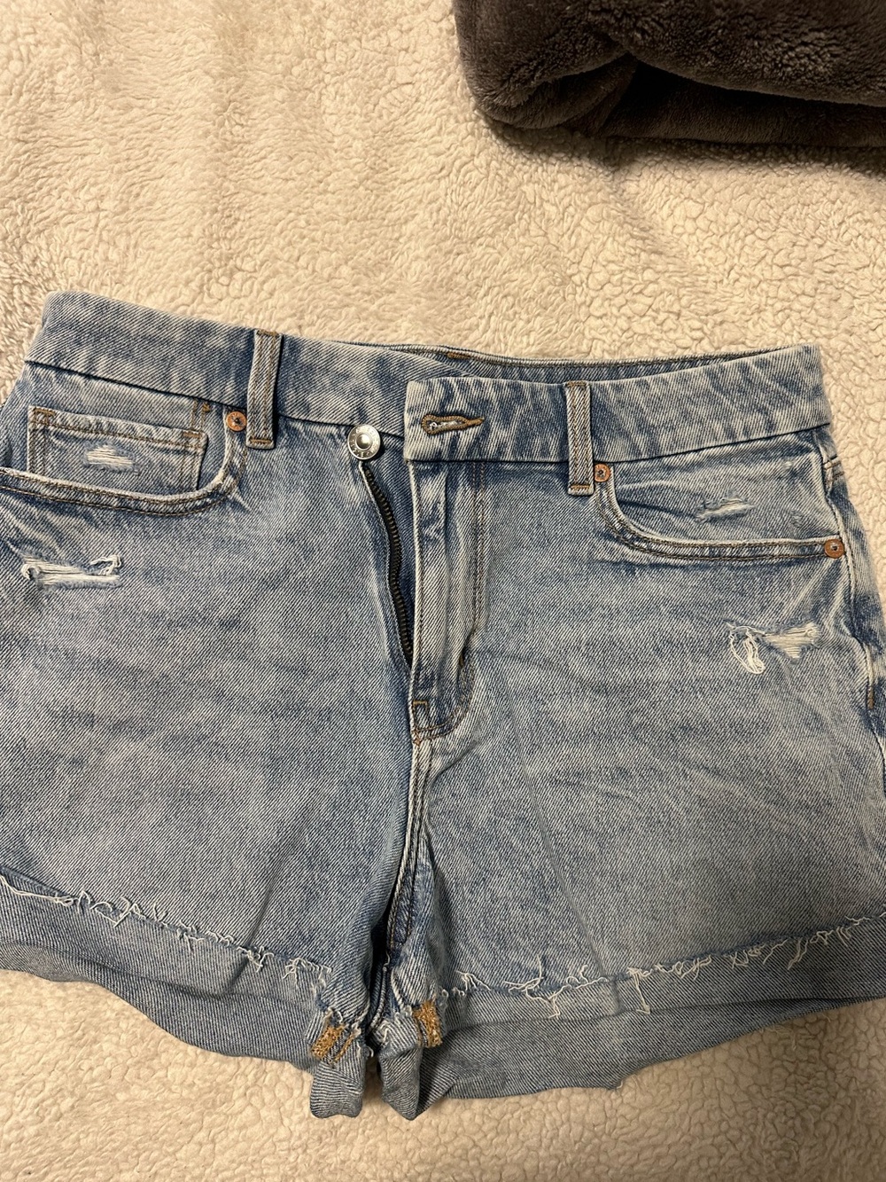 American Eagle Light Wash Asymmetrical Distressed Denim Shorts
